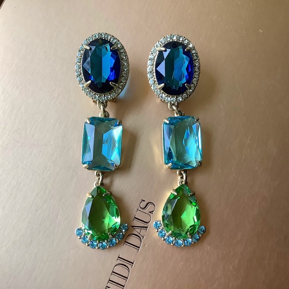 Heidi Daus Alta Moda Crystal Drop Dangle Earrings Aqua Blue Pierced - Picture 1 of 11
